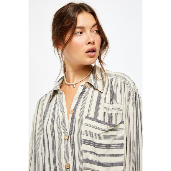 Free People Summer Breeze Stripe Popover Shirt S Small Linen Blend Long Sleeve - Picture 5 of 12